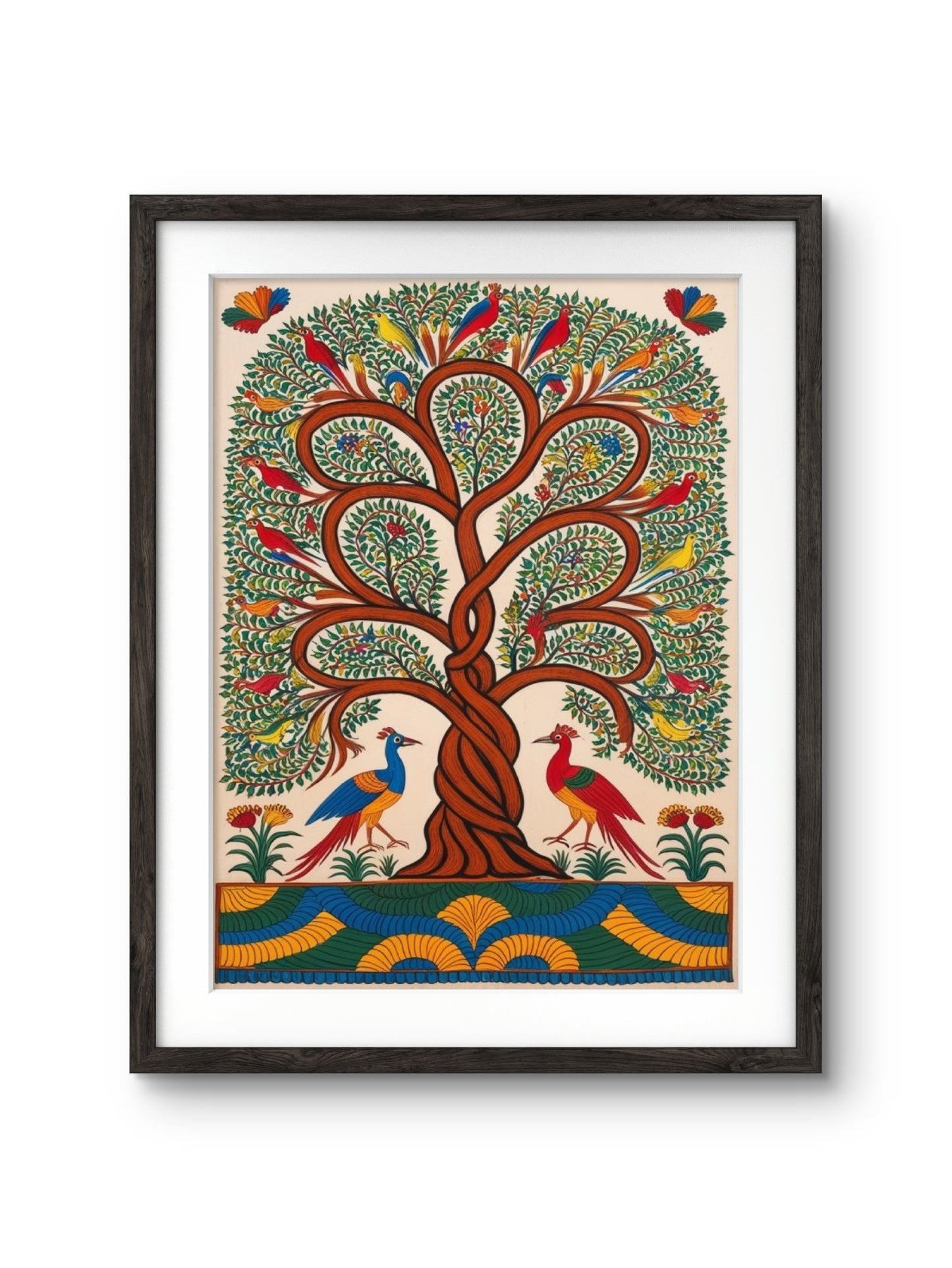 Madhubani Style Tree of Life Digital Painting in Black Frame, Trendy Office, Home Decor, Tree Painting (11.5x14.5 Inch Frame with Art Print)