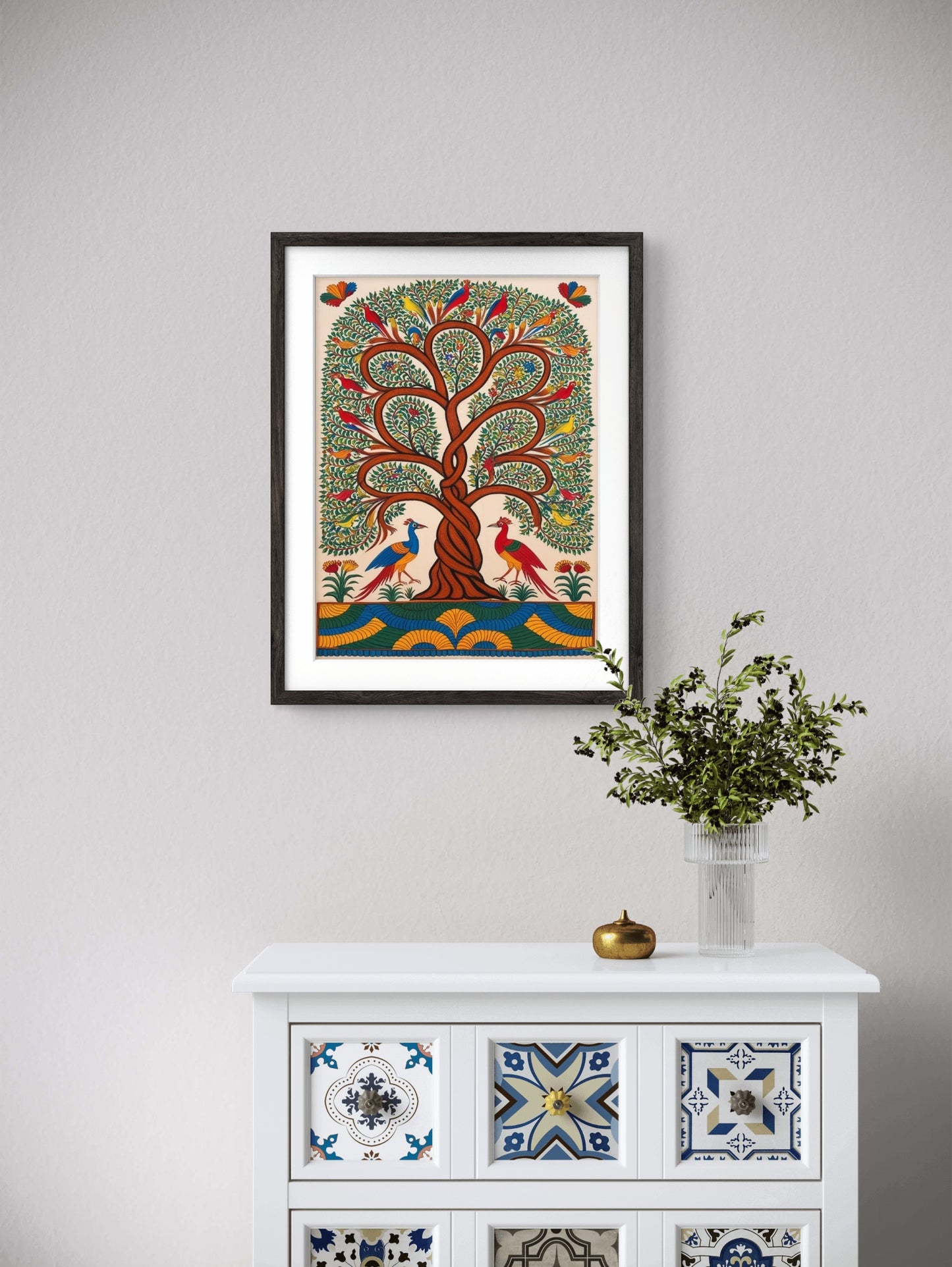 Madhubani Style Tree of Life Digital Painting in Black Frame, Trendy Office, Home Decor, Tree Painting (11.5x14.5 Inch Frame with Art Print)