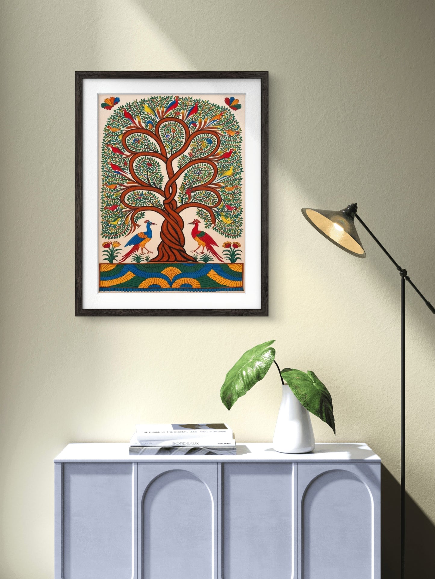 Madhubani Style Tree of Life Digital Painting in Black Frame, Trendy Office, Home Decor, Tree Painting (11.5x14.5 Inch Frame with Art Print)