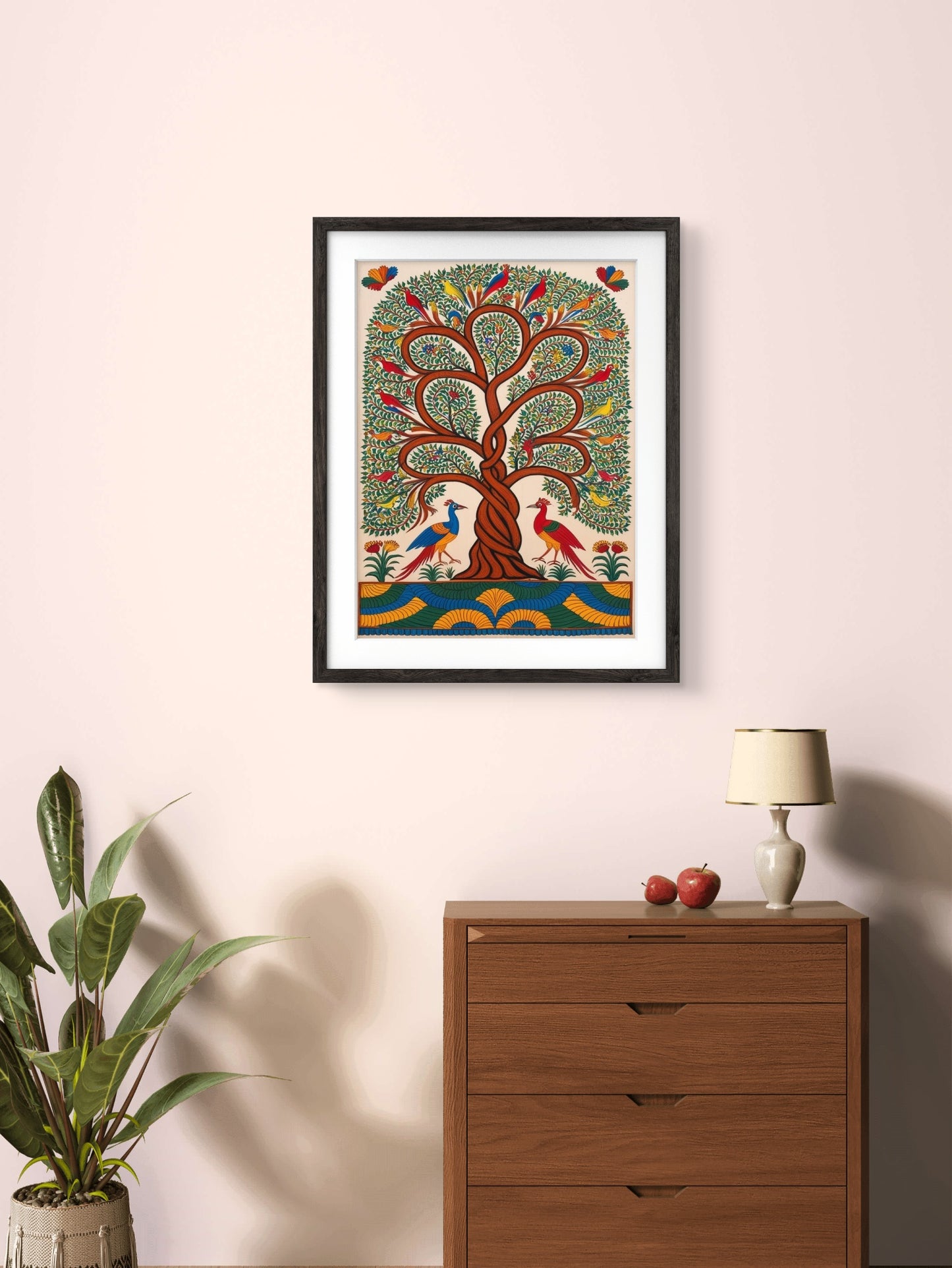 Madhubani Style Tree of Life Digital Painting in Black Frame, Trendy Office, Home Decor, Tree Painting (11.5x14.5 Inch Frame with Art Print)