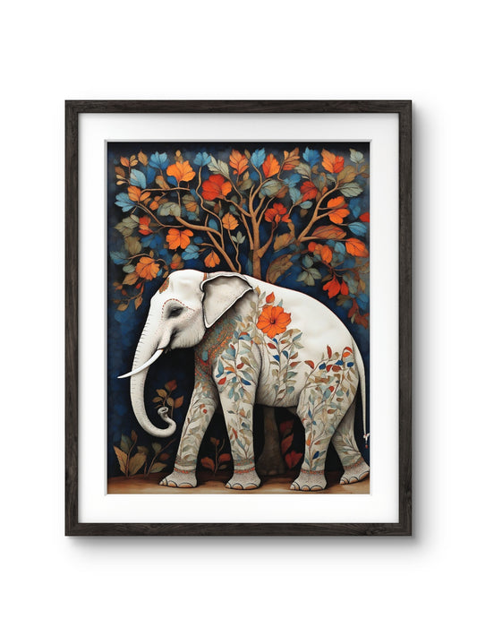 Elephant Wall Art Digital Gond Painting in Frame, Tribal Art Painting, Trendy Office, Home Decor, Multicolour - 11.5 x 14.5 inches