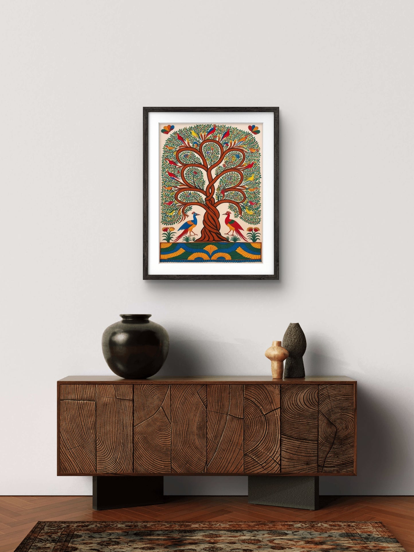 Madhubani Style Tree of Life Digital Painting in Black Frame, Trendy Office, Home Decor, Tree Painting (11.5x14.5 Inch Frame with Art Print)