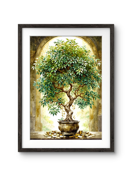 Money Tree Wall Art, Digital Vastu Painting in Frame (Black, 11.5x14.5 Inch Frame with Art Print)